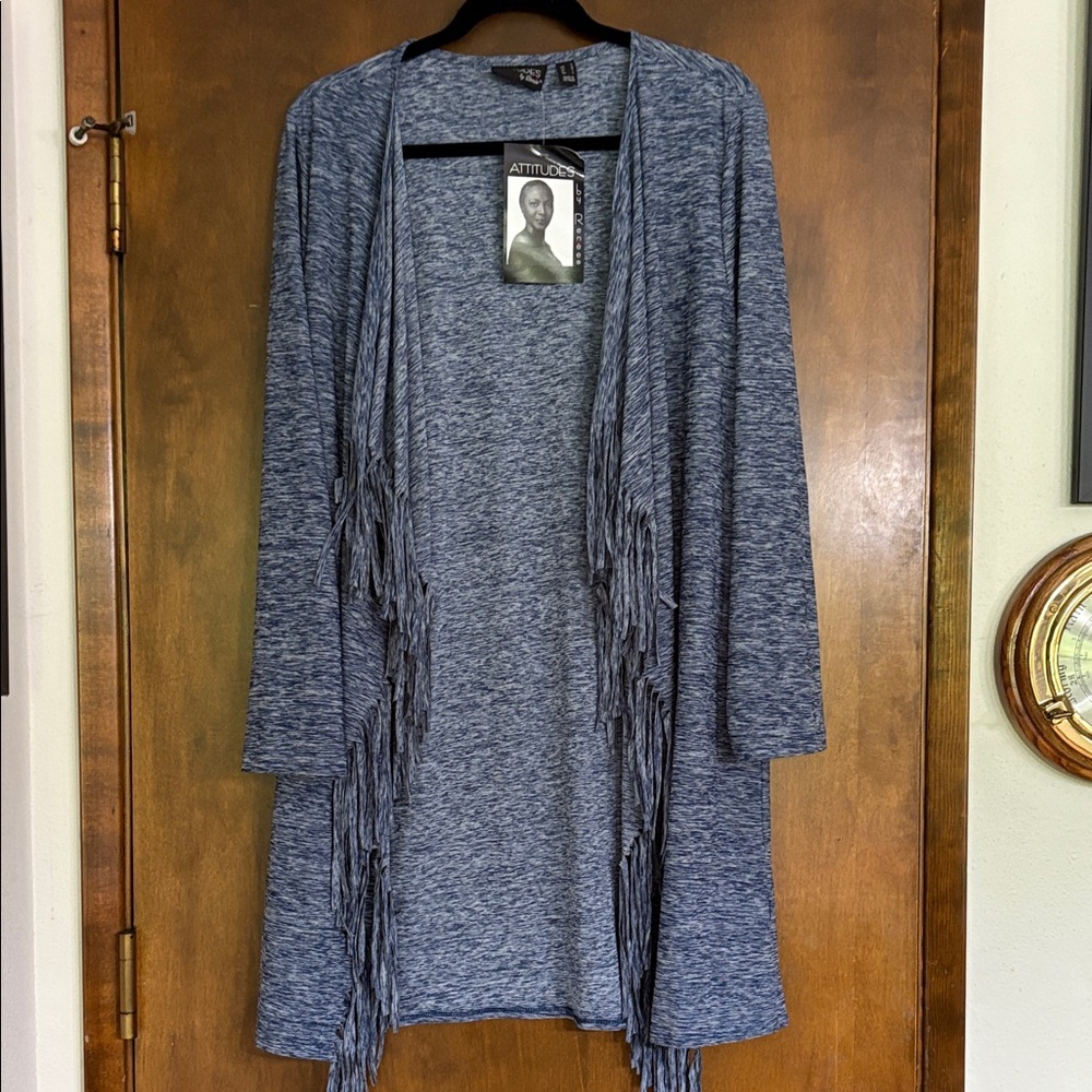 Attitudes by Renee Heathered Blue Fringe Cardigan Size Medium NWT